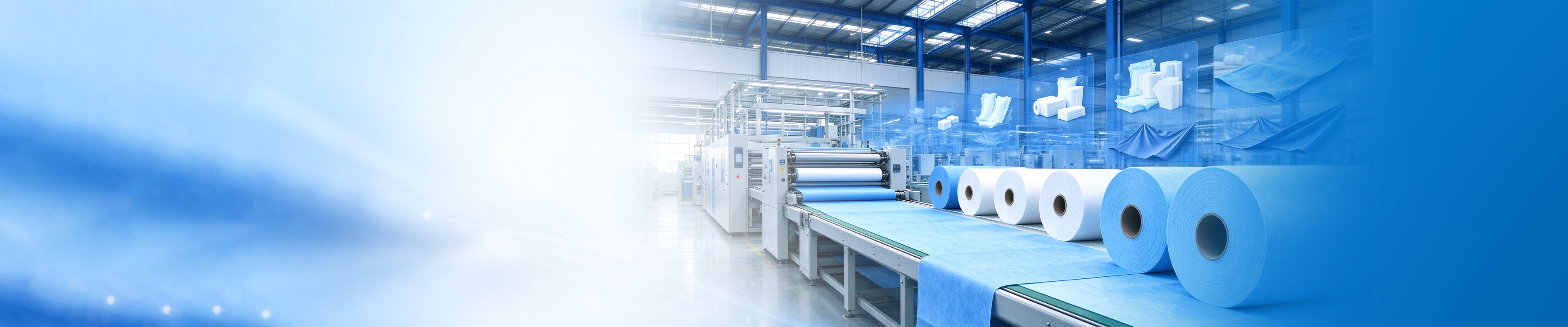 Spunbond production line in a bright factory hall with rolls of white and blue nonwoven fabric in front