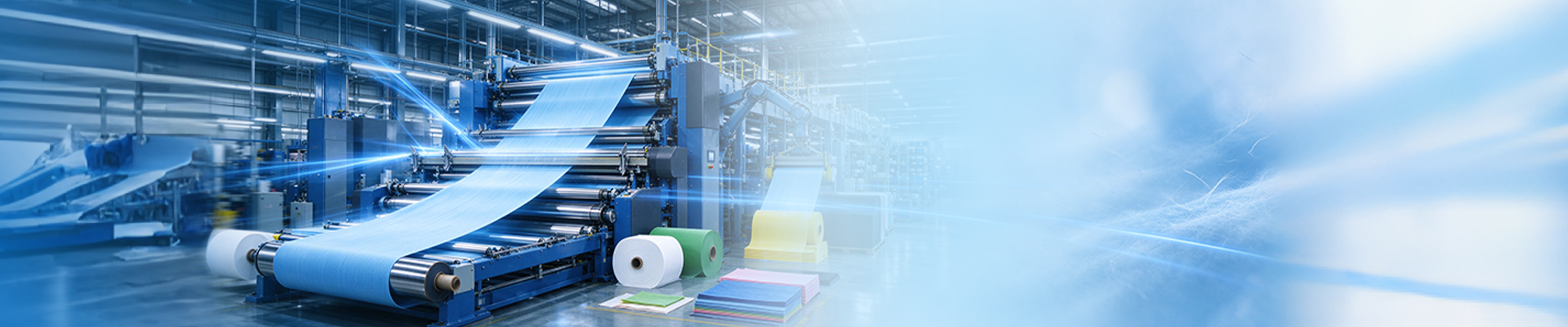 Blue nonwoven web running through calender rollers, with finished rolls in white, green and yellow beside the machine